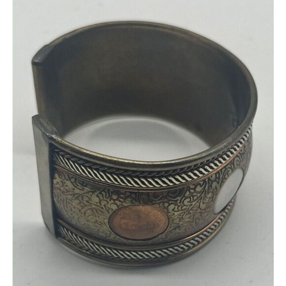 Copper Tone Bronze Tone Silver Tone Multi Bar Open Cuff Bracelet Wide 6.5 in - Picture 4 of 6